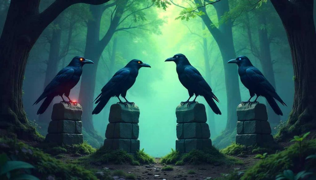 A mystical 3D rendered scene of four crows on elemental pillars in a magical forest, with a spiritual portal in the background, representing the symbolism of four crows.