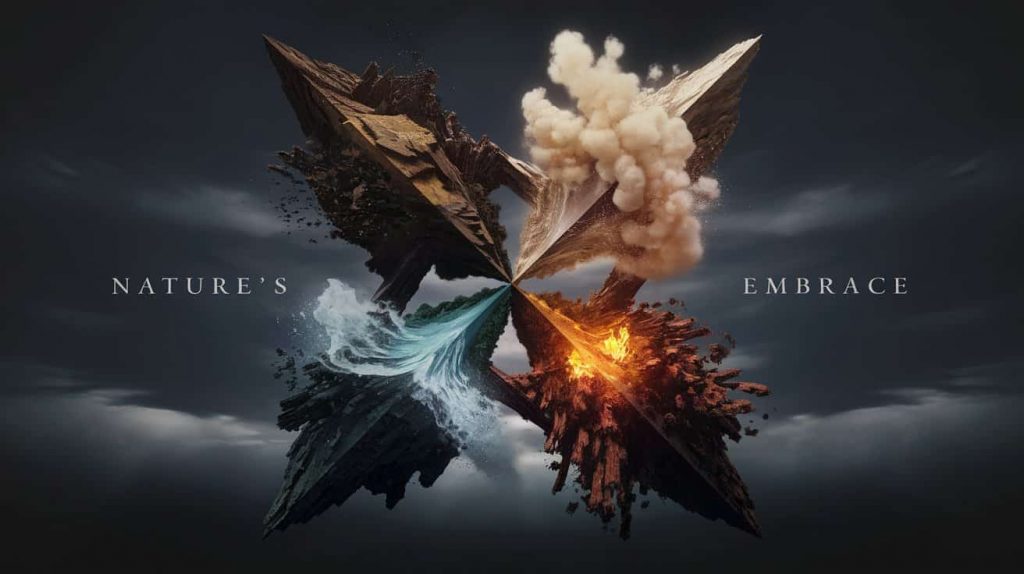 A dark fantasy 3D rendering of a four-pointed star, with each point representing a classical element: earth, air, fire, and water, against a dramatic sky.