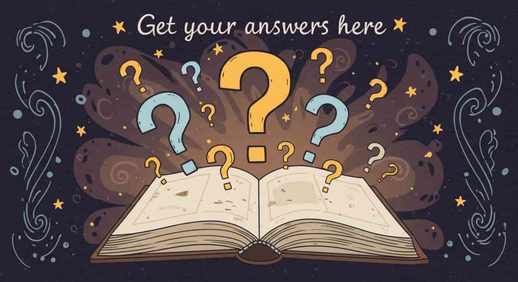 An open book with whimsical question marks floating from its pages. Text reads: Get your answers here.