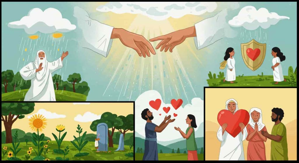 A cartoon depicting God's hand providing gifts of rain, protection, and love to diverse people, illustrating divine faithfulness and provision in October's spiritual context.