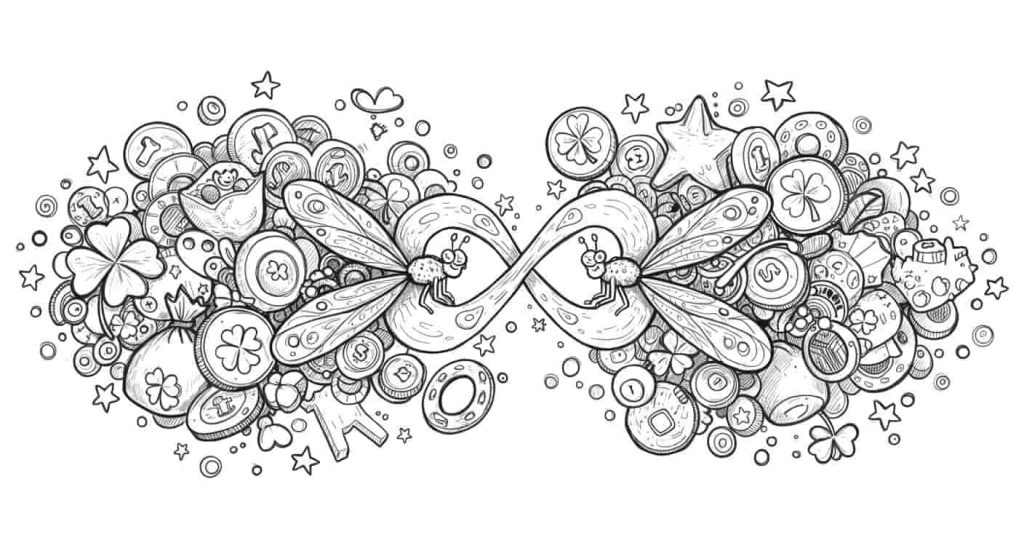 Two playful dragonflies flying in a figure-eight pattern, surrounded by doodles of four-leaf clovers, horseshoes, coins, and stars, representing multiplied good fortune.