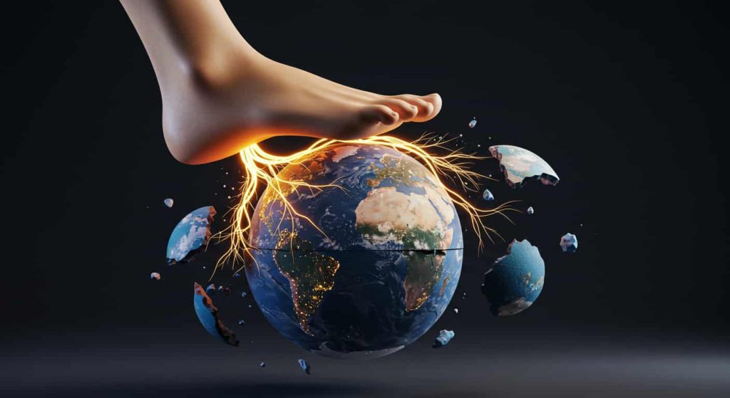 3D render of a right foot balancing on a fragmented floating earth sphere with energy roots seeking connection, illustrating grounding and stability issues related to foot pain.