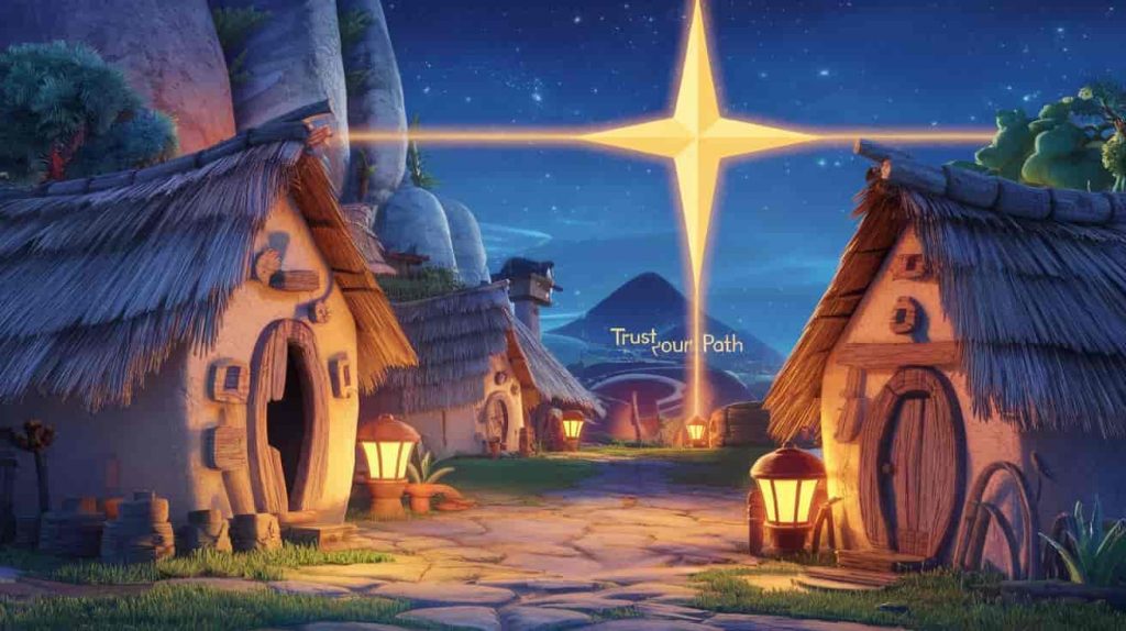A Pixar-style 3D cartoon of a four-pointed star shining brightly over a peaceful village at night, symbolizing divine guidance and protection.