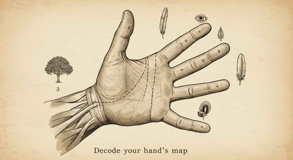 A vintage-style anatomical illustration of a hand divided into sections, with symbols (tree, feathers, eye) representing the spiritual significance of cuts on the palm, fingers, and back of the hand. Text Reads: "Decode your hand's map".