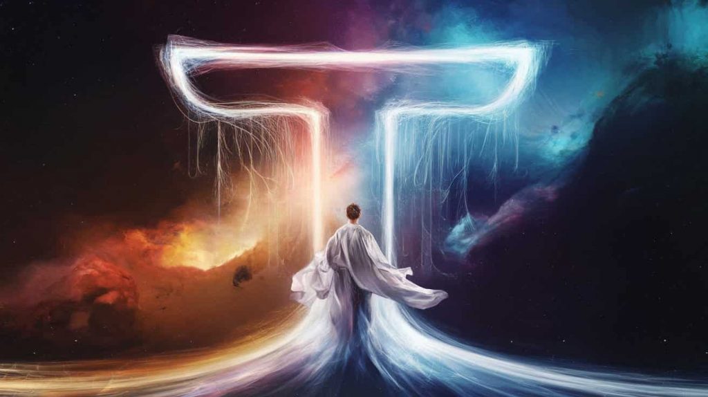 An abstract digital painting of a person at a cosmic crossroads formed by a giant letter T, with energy streams flowing into them, set against a vibrant nebula background symbolizing transformation.
