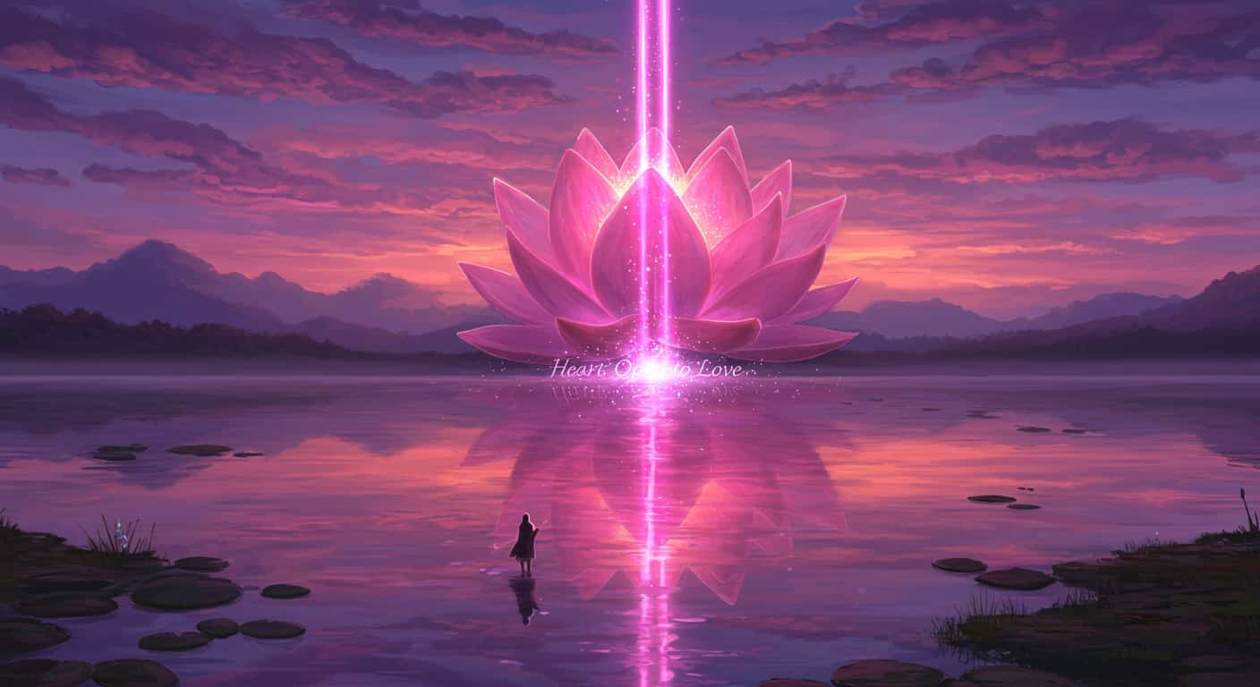An epic, panoramic impressionist painting depicts a giant, glowing pink lotus floating on a reflective lake, mirroring a pink and purple sunset. A shimmering waterfall of pink light cascades from the lotus, symbolizing the Heart Chakra as the wellspring of emotional balance and the flow of love. Text: Heart: Open to Love.