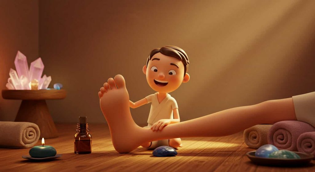 Pixar-style 3D cartoon of a peaceful healing space with various holistic methods being applied to a character's right foot, showcasing a comprehensive approach to foot pain relief.