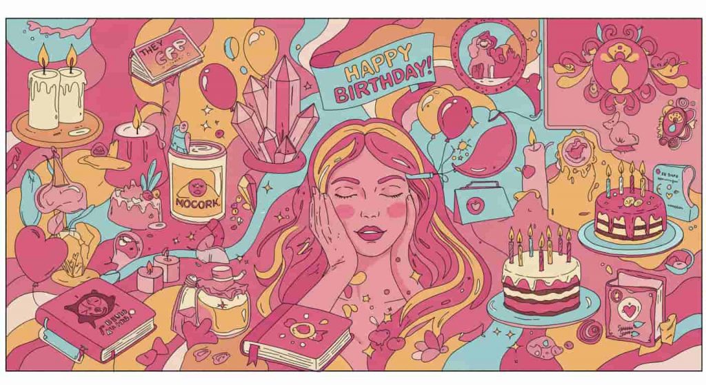 A vibrant pop art image in the style of Peter Max, depicting a woman surrounded by self-care and celebratory elements, representing ways to honor the menstrual-birthday alignment.
