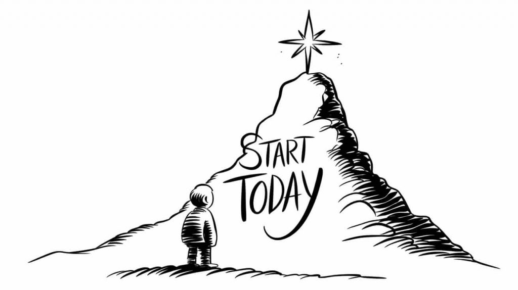 An editorial cartoon of a figure looking up at a four-pointed star shining at a mountain peak, symbolizing hope and new beginnings.