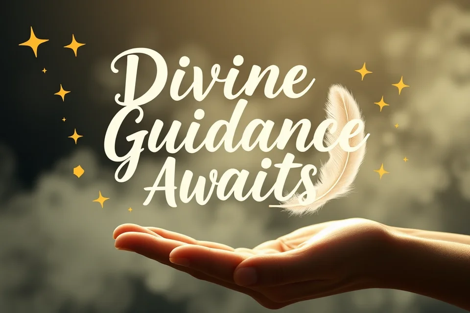 Multi-layered 3D artwork for "Divine Messages & Guidance" H3 section, depicting a celestial feather falling towards an open hand in a misty atmosphere, with "Divine Guidance Awaits" in playful light gold and white typography, representing gentle divine communication.