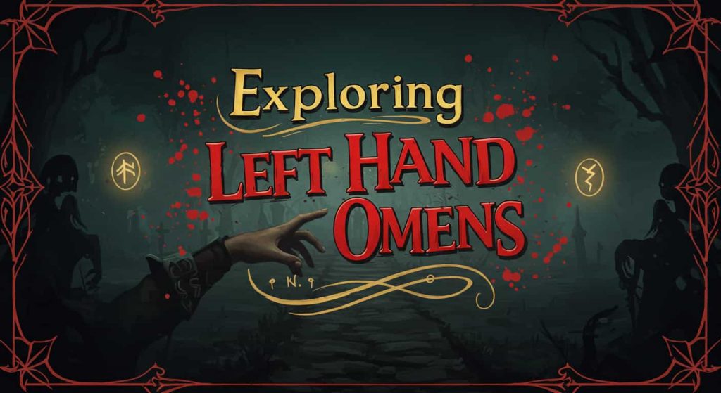 Dark fantasy 3D render for "Left Hand Tingling: Exploring Omens" section, showing a foggy crossroads at night with ominous symbols and a reaching left hand, with "Exploring Left Hand Omens" in playful red and gold typography, evoking mystery and the exploration of fate.