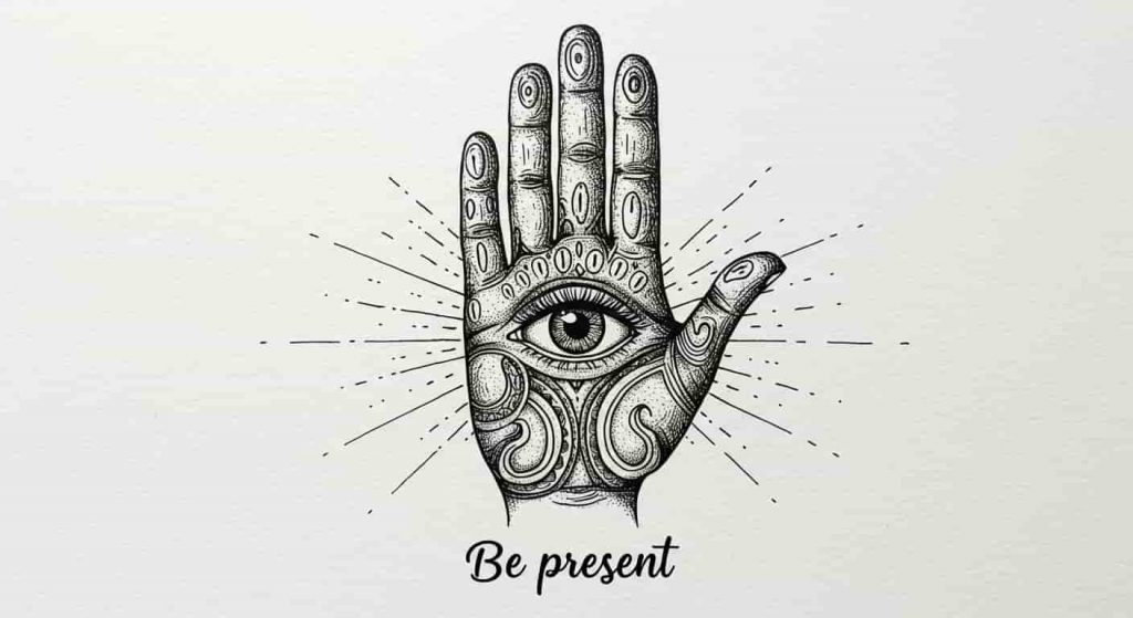 A pen-and-ink drawing of a hand with an open eye in the palm, symbolizing increased awareness. Text reads: "Be present."