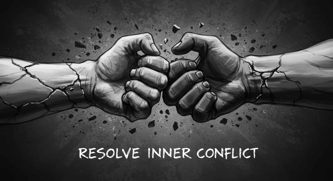 A charcoal sketch of two intertwined hands, one light and one dark, struggling, representing inner conflicts. Text reads: "Resolve inner conflict".