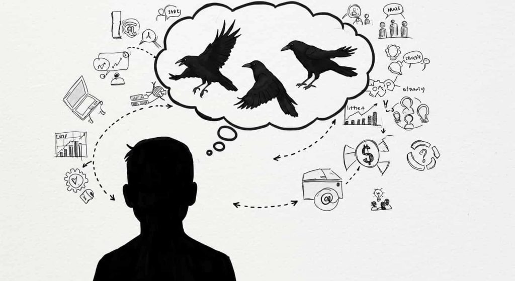 A dynamic doodle sketch showing a person's silhouette with a thought bubble containing three crows, surrounded by life aspect doodles connected with arrows, illustrating the interpretation of crow messages.