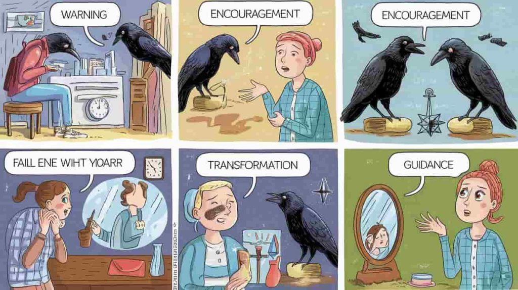 A comic strip depicting a person encountering four crows in various situations, illustrating different spiritual messages and interpretations with symbolic elements.