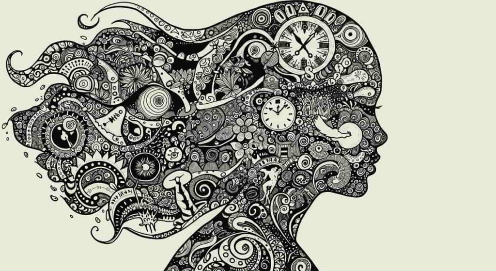 A dynamic doodle sketch of a woman's silhouette filled with interconnected symbols representing menstruation, birthdays, and spiritual growth, illustrating the process of interpreting this unique synchronicity.