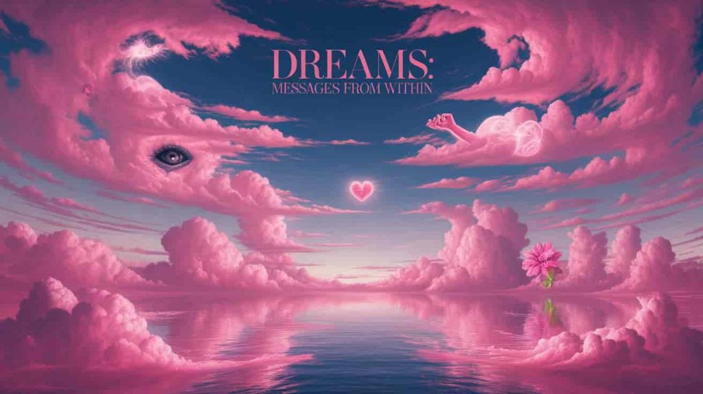 A surreal digital painting shows a vast, swirling skyscape filled with various shades of pink clouds. Hidden within the clouds are faint images of a glowing heart, an open eye, outstretched hands, and a blossoming flower, symbolizing the messages of love, healing, guidance, and growth often associated with encountering pink in spiritual experiences and dreams. The scene is mirrored in a calm body of water below. Text: Dreams: Messages from Within.