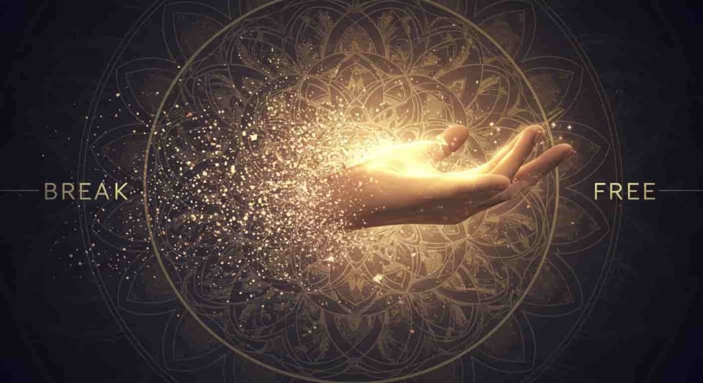 A mandala-style image of a hand dissolving into light and reforming, symbolizing karmic cleansing. Text reads: "Break free".