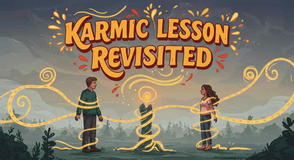 Editorial cartoon image representing revisiting karmic lessons when seeing an ex, depicting a man and a woman connected by glowing karmic threads that encircle them in a misty, symbolic landscape, with the words "Karmic Lesson Revisited" in comic-style typography above.