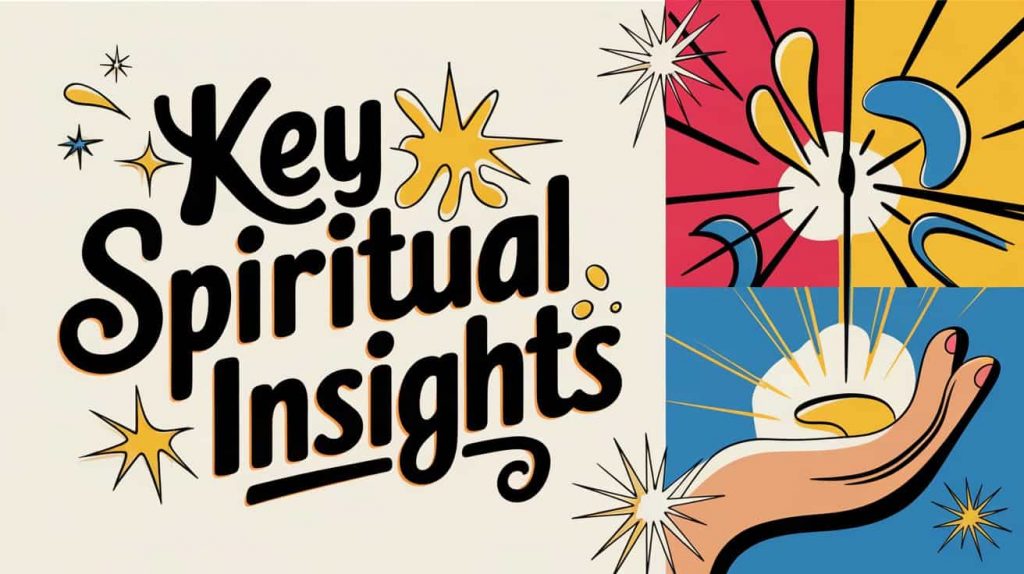 Vibrant pop art style image for the "Key Spiritual Insights" section. An open hand, rendered in bright, contrasting colors reminiscent of Peter Max, is centrally featured, radiating dynamic rays of yellow and gold light to symbolize spiritual awareness and key insights. The background bursts with abstract shapes and lines in a vivid color palette, typical of pop art. Stylized stars and abstract patterns are playfully arranged around the edges, enhancing the energetic and insightful theme. The phrase "Key Spiritual Insights" is displayed in playful, handwritten orange and gold typography at the top of the image.