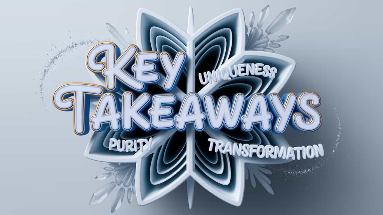 Image for the "Key Takeaways" section shows a stylized snowflake composed of interconnected keywords like "Uniqueness," "Purity," "Transformation," and "Clarity," against a softly blurred, snowy background.