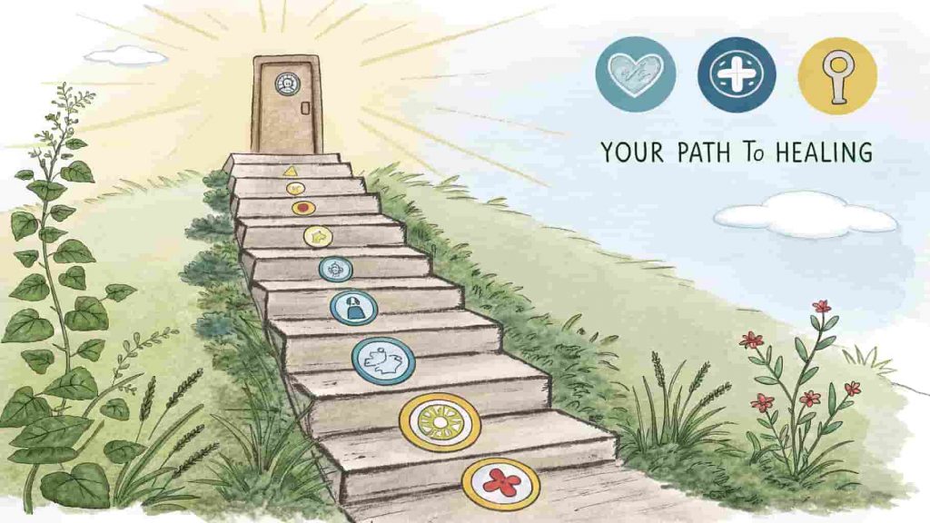 Impressionist watercolor and pen sketch showing a pathway with seven steps, each with a unique symbol representing a key takeaway about the spiritual meaning of waking up gasping for air, leading to a bright sun.