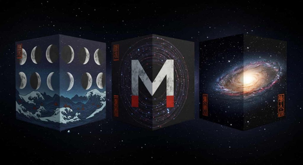 3D cube rendering blending Ukiyo-e and dark fantasy styles, showcasing moon phases, magnetic fields, and Milky Way galaxy on its faces, with letter M hidden in star constellations, representing its cosmic significance.