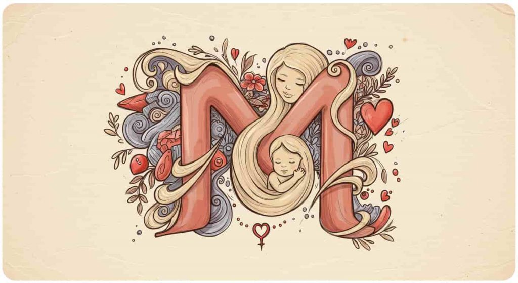 Dynamic doodle sketch of letter M transforming into stylized mother and child, with flowing lines and symbols of fertility, representing divine feminine energy and motherhood.