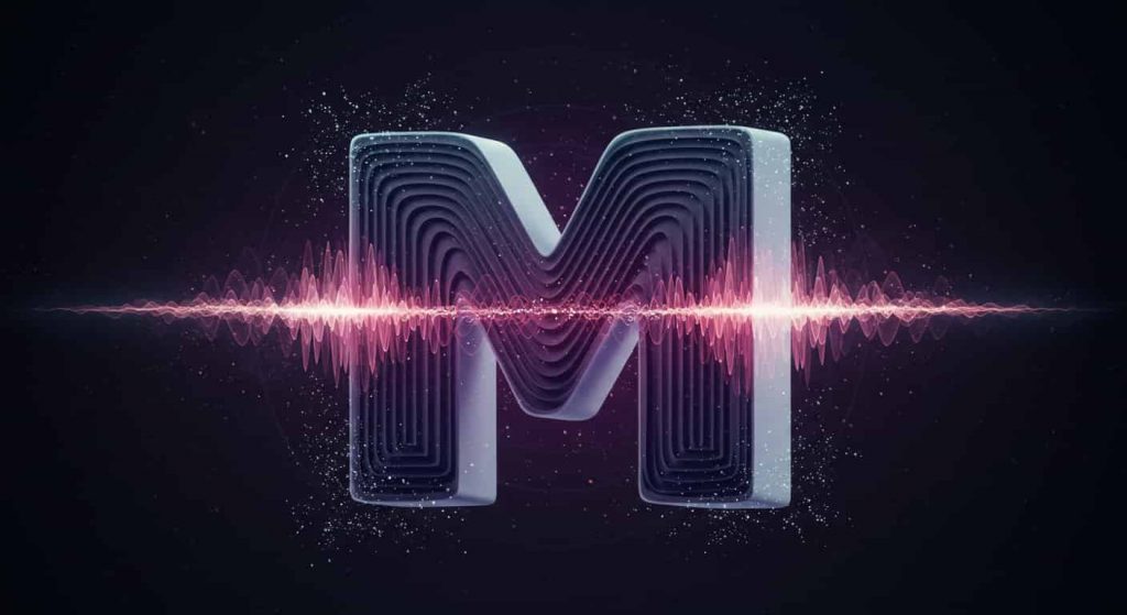 3D artwork of letter M as interdimensional portal in fabric of reality, with quantum particles and wave patterns, representing its role in multidimensional existence and universal interconnectedness.