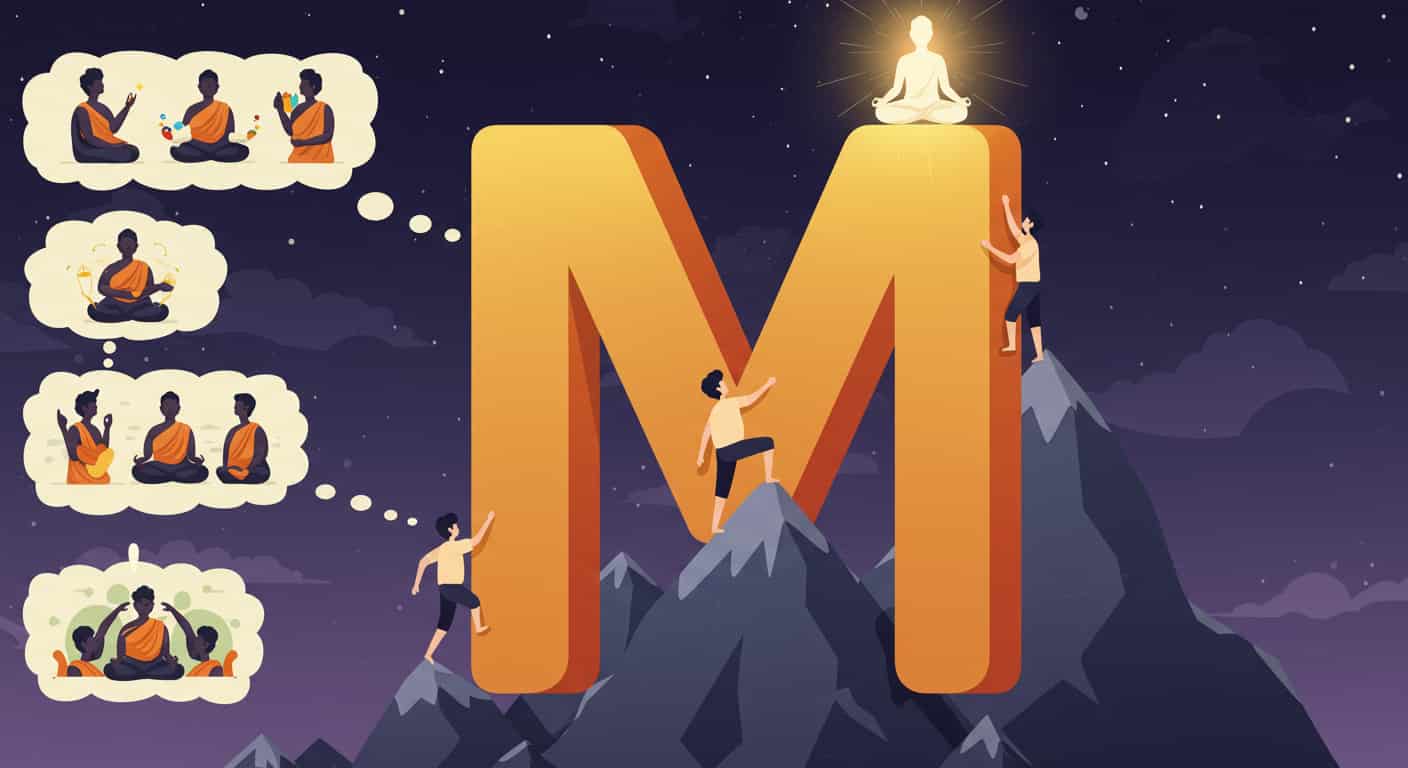 Editorial cartoon style comic of character climbing letter M mountain, reaching self-realization at peak, with thought bubbles showing spiritual growth stages and enlightenment symbols.