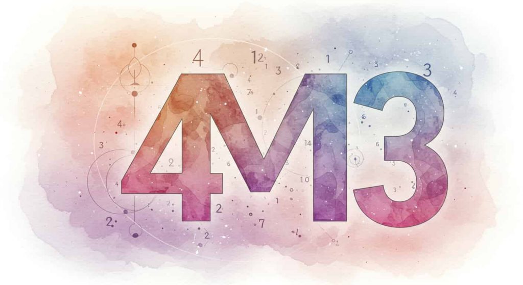 Impressionist watercolor and pen sketch of letter M transforming into numbers 4 and 13, with numerical patterns and sacred geometry, representing its numerological significance and cosmic connections.