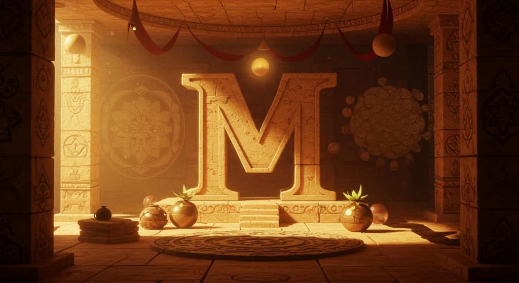 Pixar-style 3D cartoon of letter M as central architectural element in mystical temple, surrounded by sacred geometric patterns, mandalas, and golden ratio references.