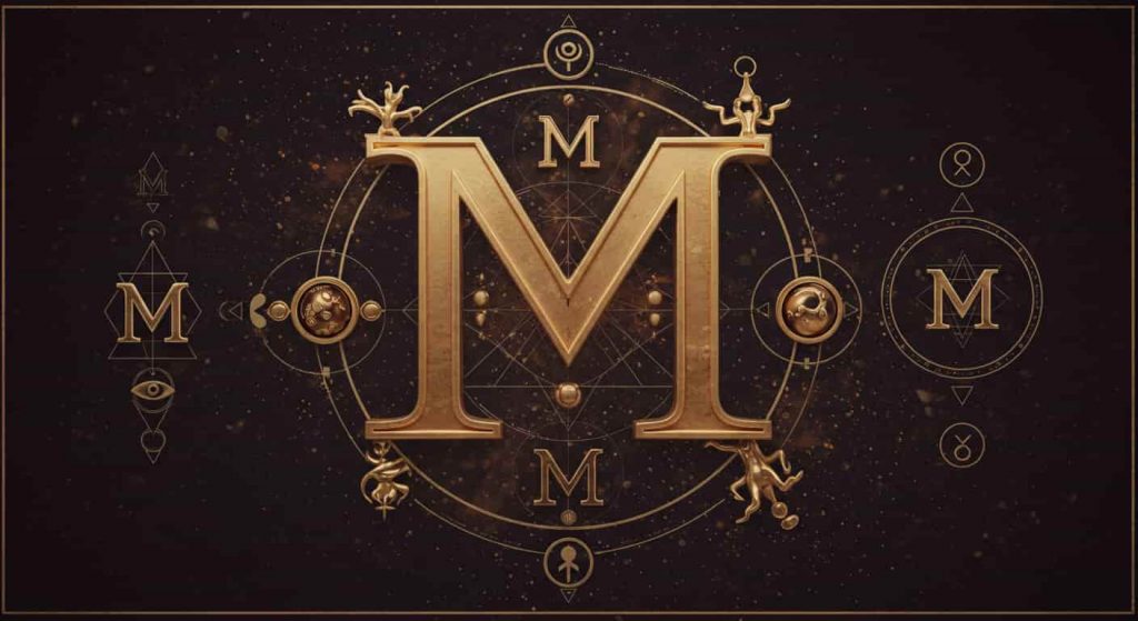 3D dark fantasy rendering of letter M surrounded by symbols of divine feminine energy, manifestation, mystery, mastery, transformation, and metaphysical connections, showcasing its diverse spiritual meanings.
