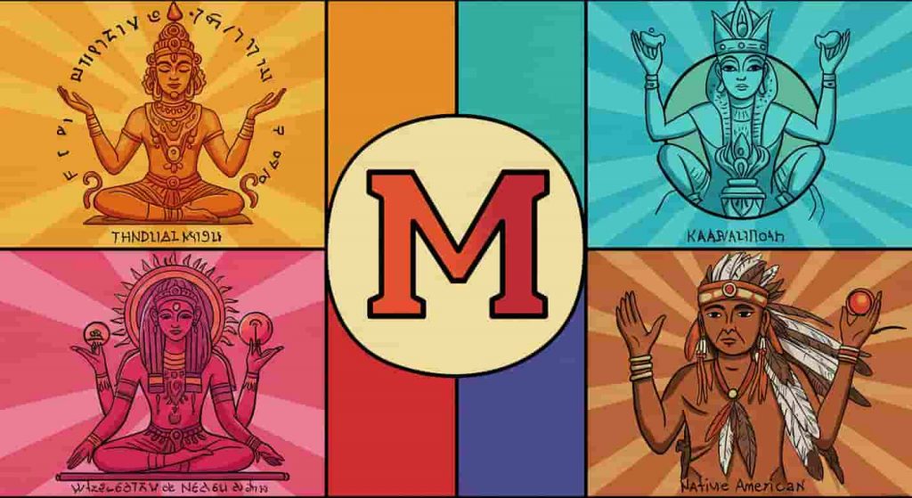 Pop art style image of letter M surrounded by symbols from Hinduism, Kabbalah, Ancient Egyptian, and Native American traditions, illustrating its diverse spiritual interpretations across cultures.