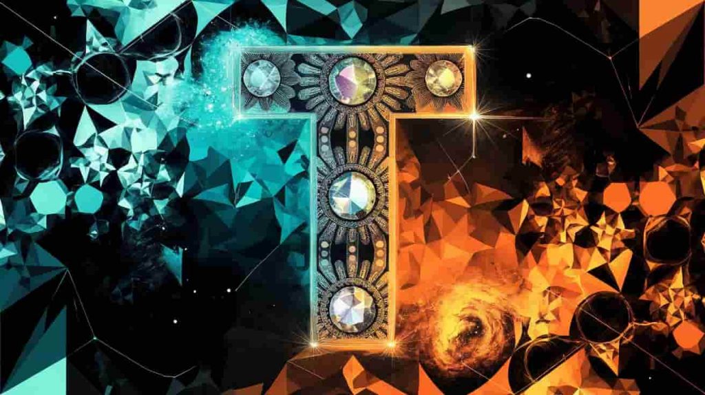 A vibrant digital collage featuring the letter T at the center, surrounded by interconnected geometric shapes like triangles and circles. The T is adorned with mandala patterns and gemstones, set against a cosmic background of stars and nebulae in bright colors of teal and orange.