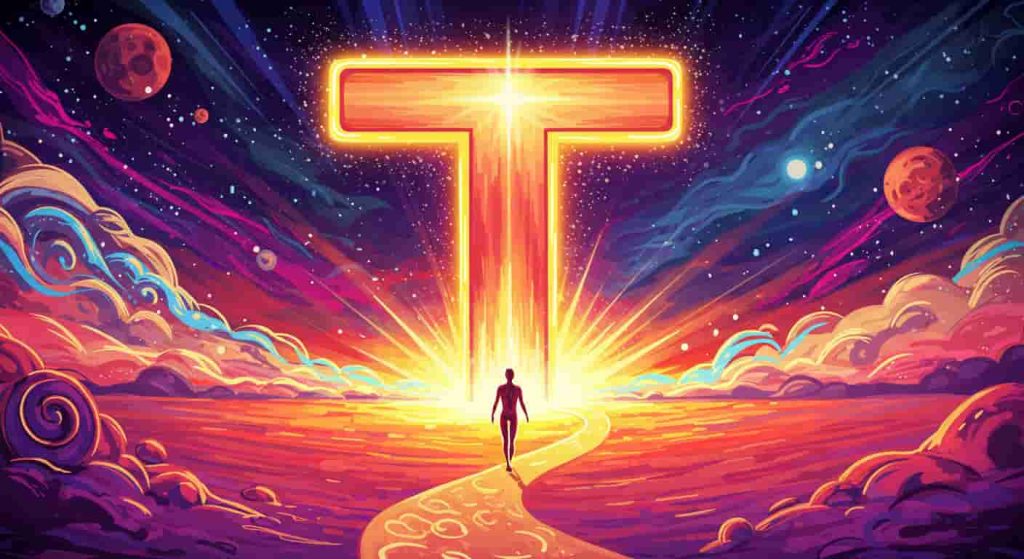 A Peter Max-inspired pop art image of a walking figure on a winding path shaped like a glowing letter T, surrounded by colorful energy waves and a vibrant psychedelic landscape symbolizing the journey of personal growth and transformation.