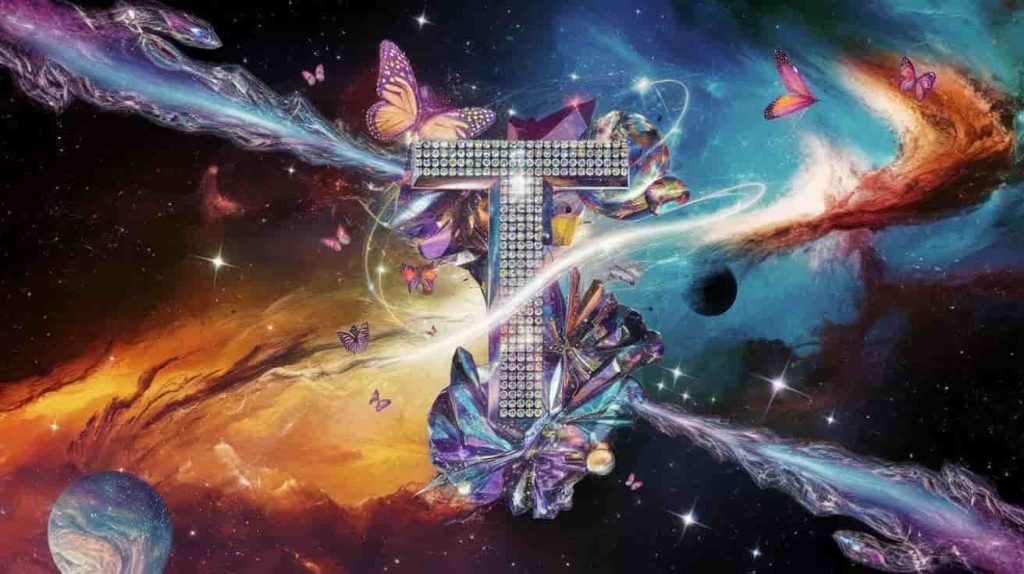 A vibrant surreal collage with a crystal letter T at the center, surrounded by butterflies, stars, and swirling galaxies, symbolizing a journey of transformation against a cosmic backdrop.