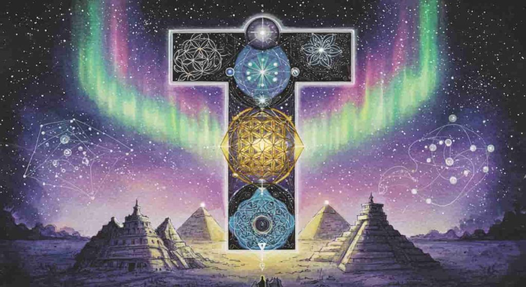 An impressionist watercolor and pen sketch of a letter T composed of intricate sacred geometry patterns, surrounded by an aurora-like glow and outlines of various sacred structures.