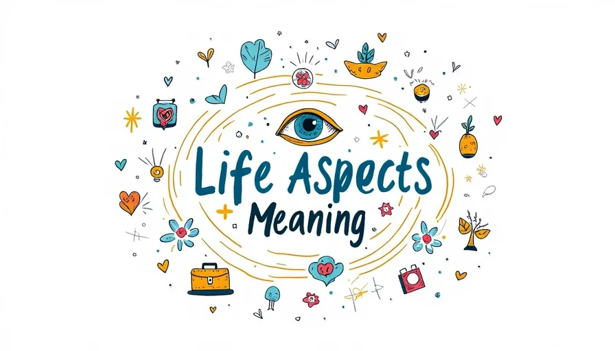 Doodle sketch for "Spiritual Meaning in Life Aspects" section, showing interconnected symbols of love, career, and growth around a central, unified blue eye and golden ring symbol, with the text "Life Aspects Meaning."