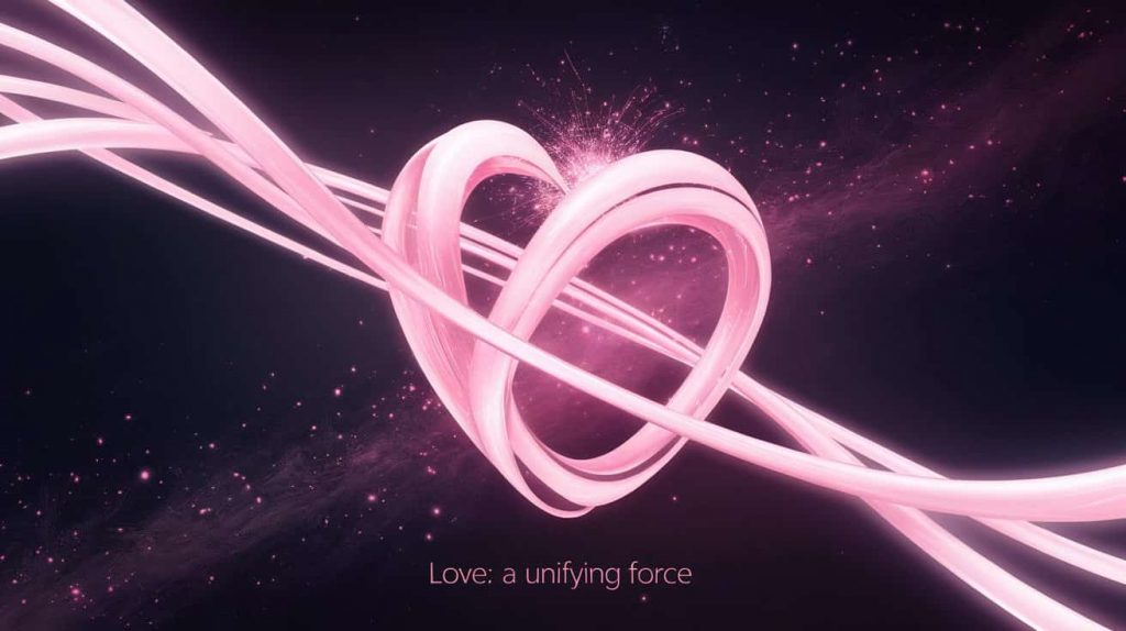 A 3D artwork shows a radiant, stylized heart formed from interwoven, flowing strands of pink light, pulsating gently against a deep space background filled with shimmering pink particles. Tiny sparks of brighter pink emanate from the core, symbolizing the essence of pink's connection to unconditional love and compassion as a unifying force. Text on image: Love: A Unifying Force.