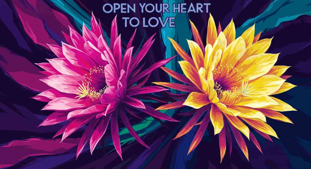 A vibrant pop art image of two intertwined night blooming cereus flowers in full bloom, with bold colors and a swirling background, representing love and devotion.