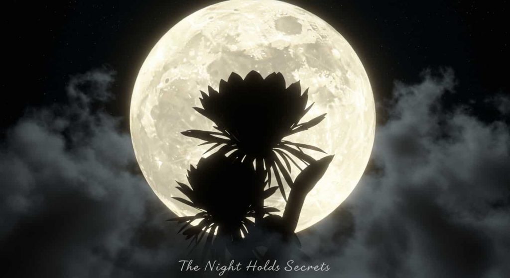 A 3D artwork depicting a night blooming cereus flower in silhouette against a large, luminous full moon partially obscured by swirling clouds. The image represents the mysteries of the unseen world and the power of intuition. 