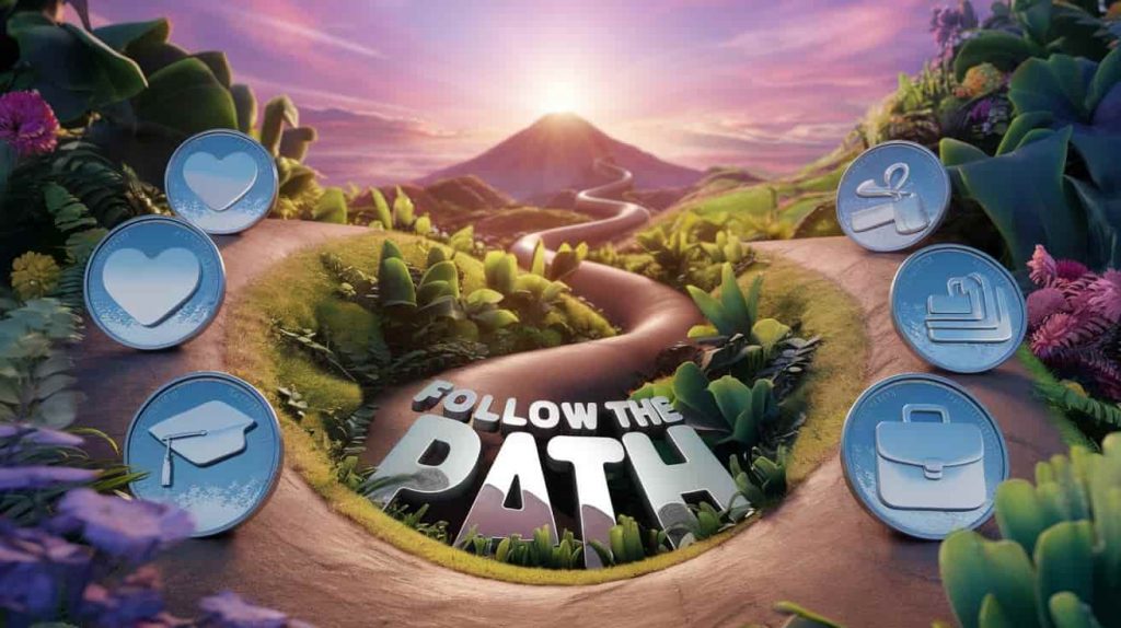A Pixar-style 3D cartoon depicting a winding path with nickels reflecting various life scenes, leading to a radiant sunrise, symbolizing the application of nickel symbolism to personal growth, financial well-being, and embracing change.