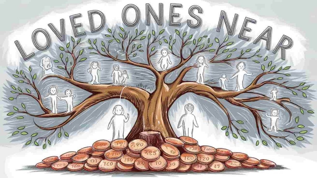A doodle sketch of a family tree with nickels at its base and ghostly figures interacting with living members, symbolizing the belief that deceased loved ones send messages through coins.