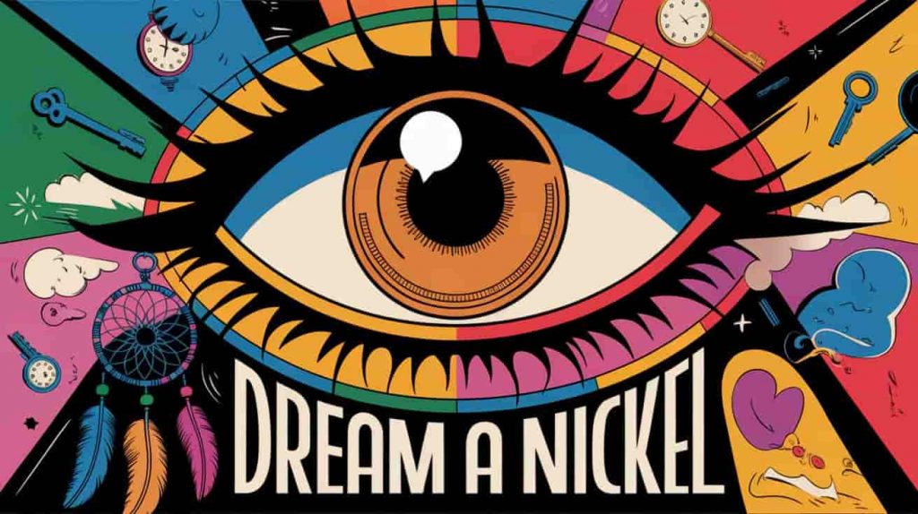 A pop art style image of a large eye with a nickel as the pupil, surrounded by colorful, dream-like images, representing the symbolic significance of nickels in dreams and their connection to the subconscious mind.