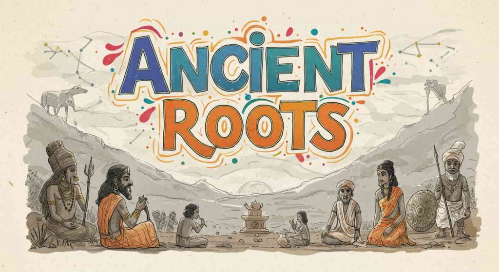 An epic impressionist sketch using watercolor and pen technique creating a beautiful blend of impressionism and minimalism, showing ancient figures from diverse civilizations (Indian, Middle Eastern, Tribal) with subtle nose piercings, participating in symbolic rituals under a misty, ancient sky with constellations faintly visible, with the phrase "Ancient Roots" in small text at the top, conveying a sense of historical depth and spiritual origins.