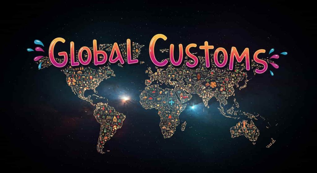 A striking 3D render of a dark fantasy painting depicting a world map subtly formed by interconnected, glowing nose rings of various cultural styles against a dark, cosmic background with nebula clouds and distant stars, with ethereal light highlighting different regions, and the phrase "Global Customs" displayed in small text at the top, creating a sense of vast spiritual connections across cultures.