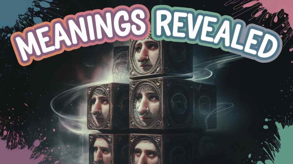 A dark fantasy scene with the text "Meanings Revealed" written in thick, playful, handwritten typography at the top. The text has a colored outline that contrasts with the rest of the image. There are splashes of color and graphical elements around the edges. The main graphical element is a photorealistic scene of stacked ornate cubes with three faces visible. The cubes have noses pierced with nose rings emerging from their surfaces. There is a mysterious fog swirling around the cubes. Soft, otherworldly light emanates from within the cubes.