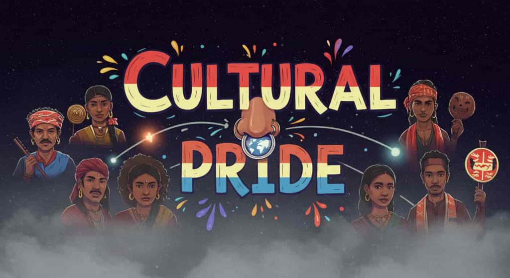 An editorial cartoon style comic image showing diverse, glowing figures from various cultures wearing traditional nose piercings and holding misty cultural symbols, connected by glowing lines to a central, radiant nose ring with a world map design, all set against a foggy, star-speckled background, with the phrase "Cultural Pride" in small text at the top, in a vibrant, globally connected and mysterious comic style.