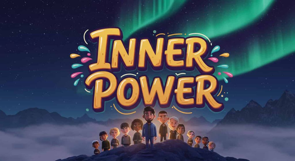 A Pixar-style cinematic 3D cartoon image of a diverse group of figures with nose piercings confidently standing on a misty mountain peak under an aurora-filled sky, each figure radiating a soft, warm, inner glow symbolizing intuition, strength, and spiritual awakening, with the phrase "Inner Power" in small text at the top, set in a bright, optimistic, and mysterious environment.